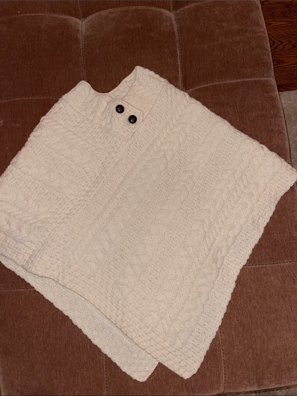 Cream Cable-Knit Poncho with Button Collar